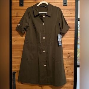 Nina Leonard Olive Green Button-Up Short Sleeve Dress